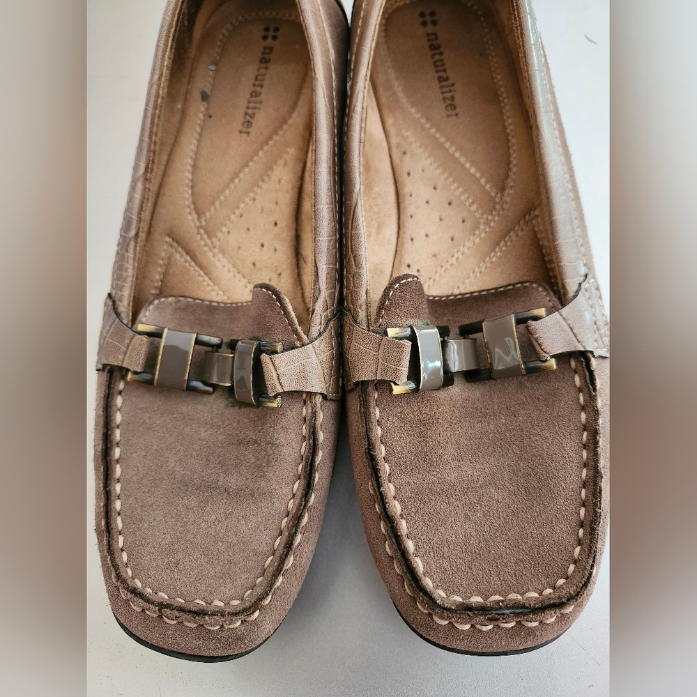 Naturalizer Taupe Suede Moc Toe Loafers with Metal Bit - Picture 2 of 5